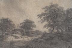This dark landscape in black chalk features large lush trees that take up most of the composition on the right of the image. A small cottage framed by two smaller trees appears on the left. Three loosely sketched animals frolic in front of the cottage. <br />