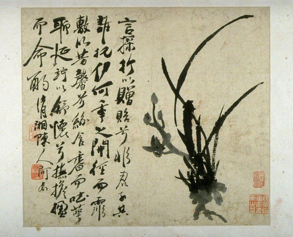 The painting depicts an orchid on the left, with calligraphical texts on the right-hand half. Paper is faded, and ink is black.
