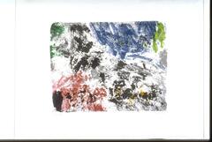 This abstract color lithograph is comprised of various patches of color that show the mark of the brush used to apply them to the stone. Patches of grey and black marks run diagonally through the center of the work from the upper left corner to the lower right. There is a large portion of blue color at the top edge of the work, with green patches on either side in the upper left and right corners. There are also red marks in the lower left corner. The print is signed and dated (l.r.) "Jorn 72" and editioned (l.l.) "E.d.A." in pencil. 