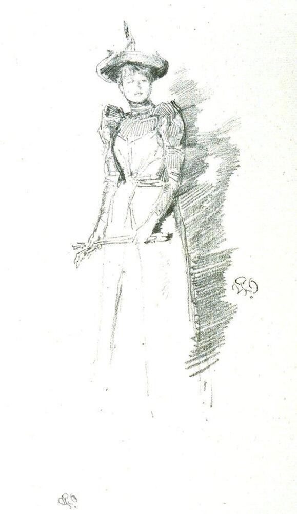 A woman standing facing slightly to the left looks over her shoulder to the right. She has a Victorian dress with high collar, long sleeves and skirt; she is wearing a hat with a curved brim and comes to a point at the top; in her hands she is holding a pair of long gloves. Her figure casts a shadow on the right side of the image although there is no indication of surroundings or background,