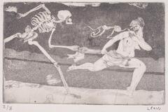 A skeleton chasing a woman who is holding on to a piece of clothing that she was wearing, while her bra is also being torn off of her body. The woman has a very scared look on her face as she is trying to get away.