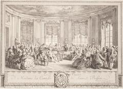The circular room’s ceiling is painted with a sky motif populated by cupids; the room also features ornamental mouldings above four windows that depict musical instruments, and busts on pedestals are placed between the windows. A large number of well-dressed men and women sit while a group of musicians in the center of the room perform on a piano, flutes, cellos, a harp, and other stringed instruments. The print is framed by an ornamental border, and a stretch of tasseled fabric below the scene contains a title and a coat of arms.