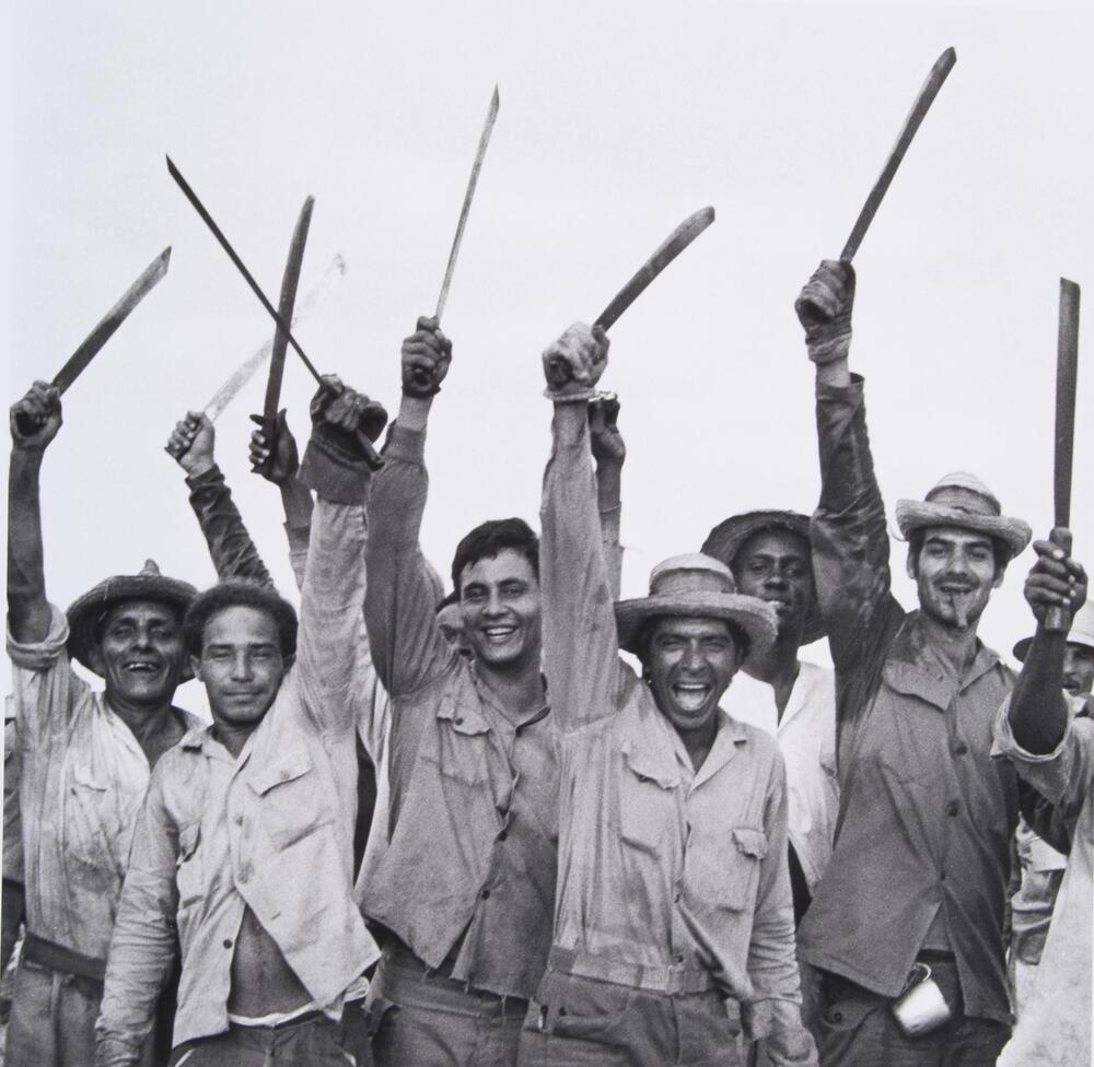A line of men in workers' garb raise machetes with joyous expressions on their faces.  