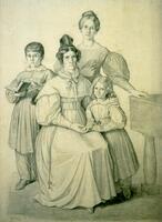 This is a fine line drawing in pencil on white paper that shows a group of four figures of various ages. One is seated and the others are gathered around her chair, looking out at the viewer. They are dressed in early 19th c. European clothing. The central figure is a mature woman who embraces a young girl at her side. There is a boy and young woman standing behind her.