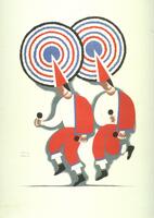 Centered on the page of this print are two figures. They are dressed in white shirts, with red capes over their left sholders and matching pants, both trimmed in blue. Both figures are also wearing red cone-shaped headdresses that have a large circular decoration attached with red and blue concentric circles. Both figures are faceless and have black hair. The figures hold black round objects. They are depicted in movement.
