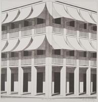 A black and white lithograph print of a building in a two-point perspective.