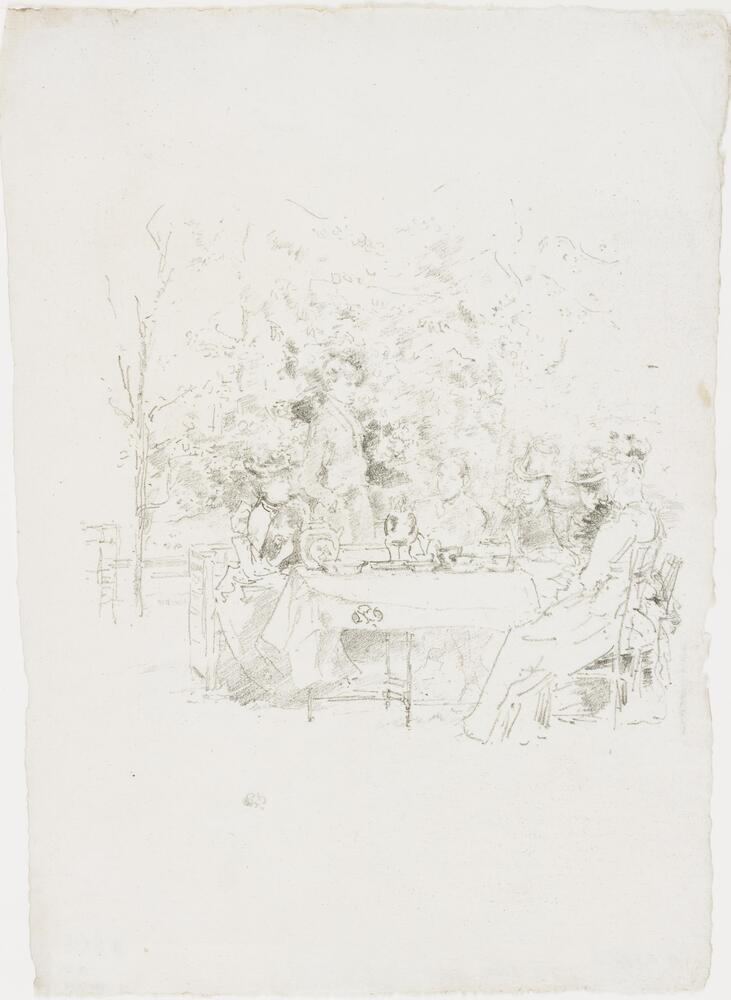 Figures are seen seated out of doors around a table in a garden. The table is set with a tea and coffee service and cups and saucers; behind the figures is a screen of trees.