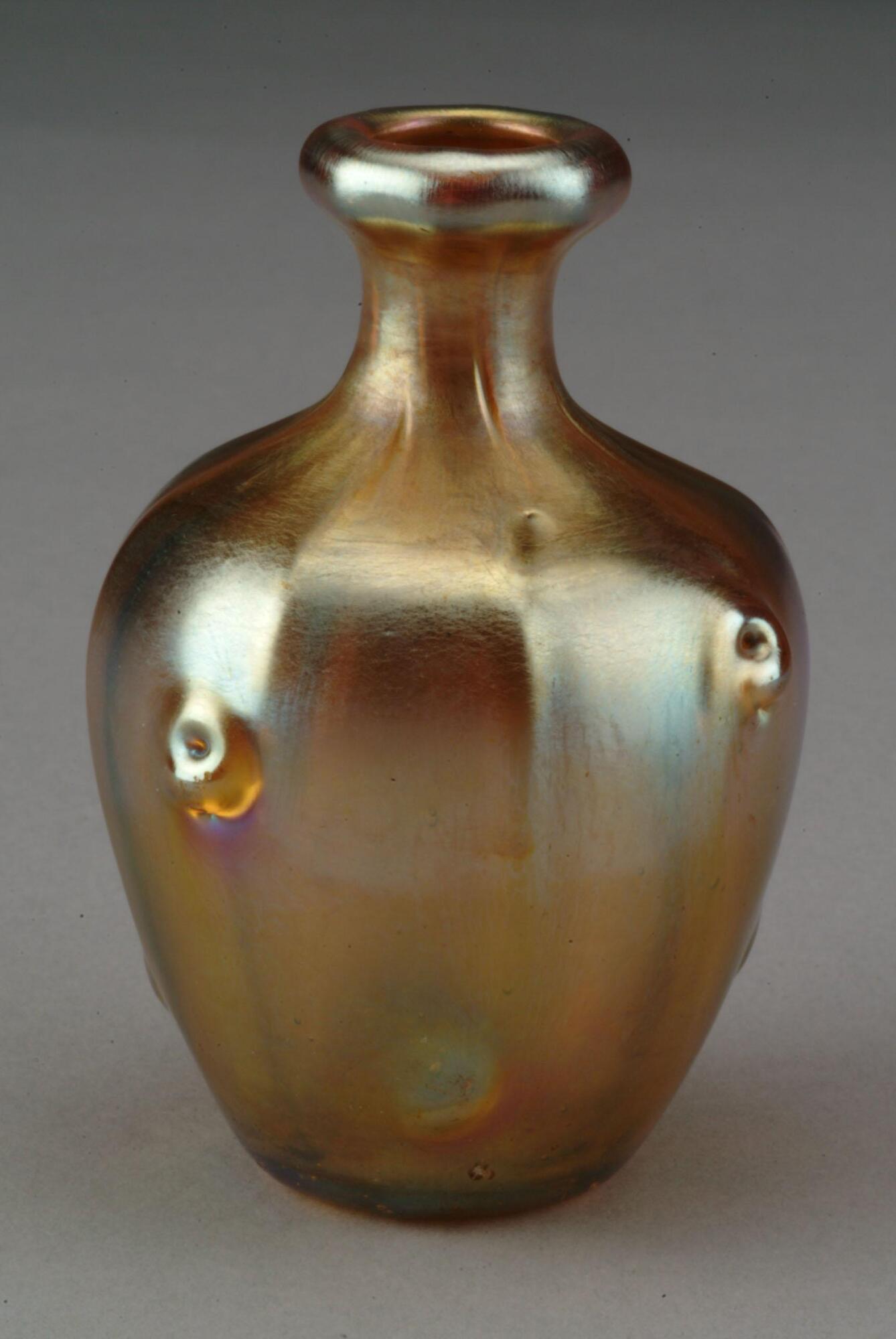 irridescent neutral-colored glass vessel with wide body, narrow neck and thick lip