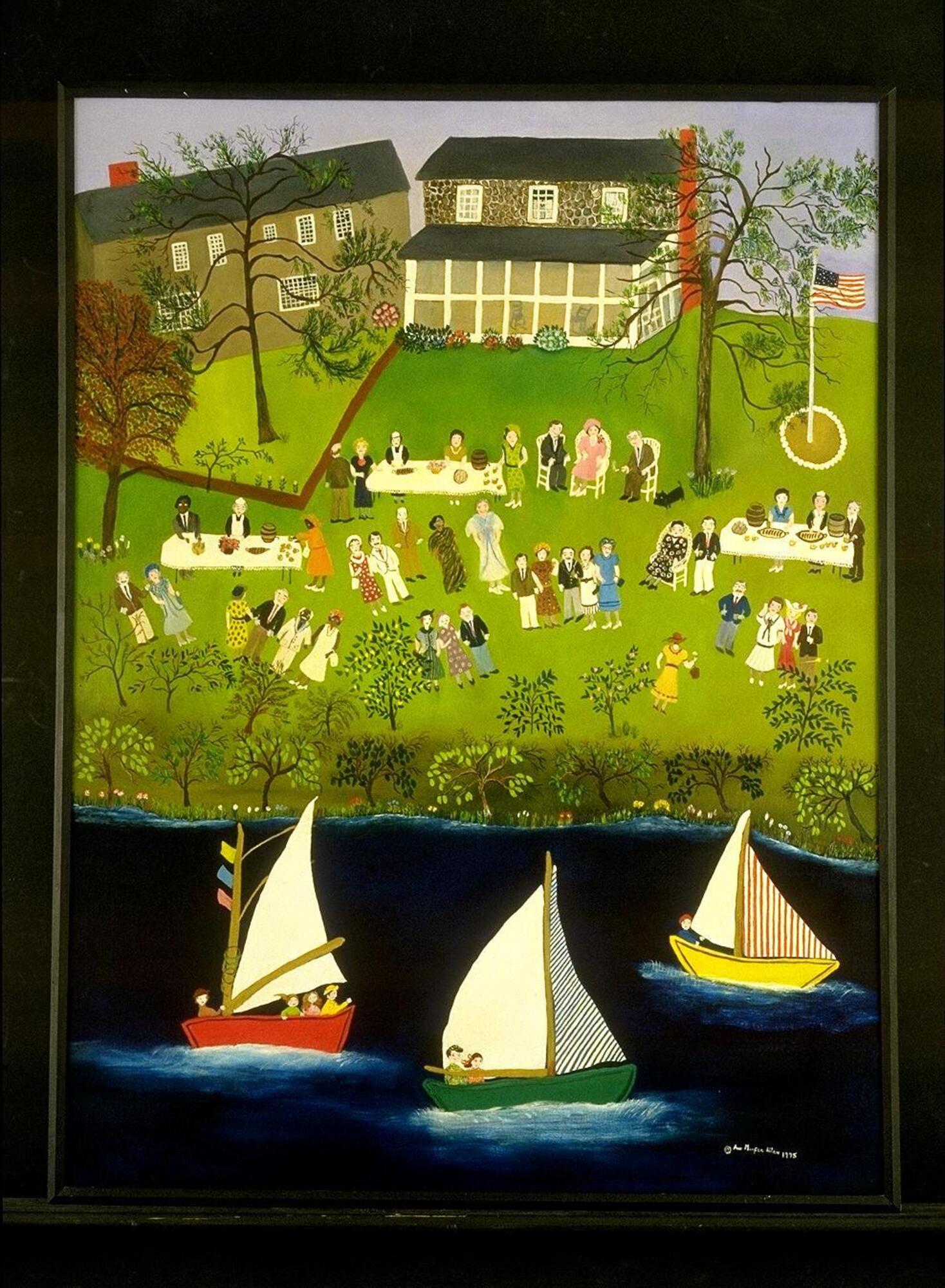 Primitive painting depicting three sailboats in the foreground, and figures sitting around tables and standing on a lawn in the middle ground, with two houses in the background.<br />