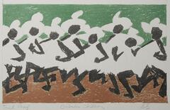 A color print of a group of children in motion.