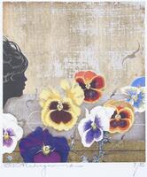 A silhouette of a girl&#39;s head with gray, curly lines in her hair to show texture. In front of her is a cluster of red, orange, purple, white and blue pansies. The background is a faded tan.