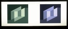 On a long white horizontal piece of paper are two squares, the one on the left in green hues and on the right, blue hues. Each square has white and light colored planes interconnected within them.