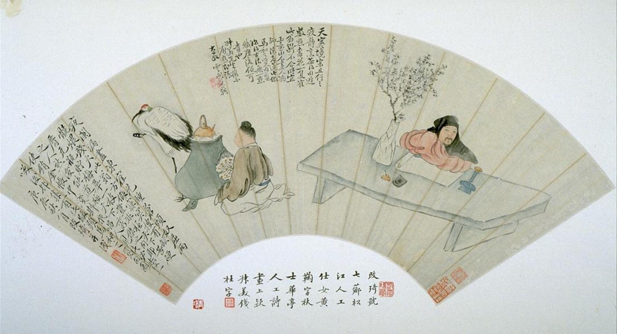 A scholar sits in a relaxed posture at his desk looking at cut plum blossoms in a white vase; before him is an empty sheet of paper and ink stone, and by his side an attendant is boiling water for tea. A crane tucks her head and leg to keep herself warm in the cold winter air. The scholar seems to be contemplating a subject to be drawn or written, perhaps related to the flowers.