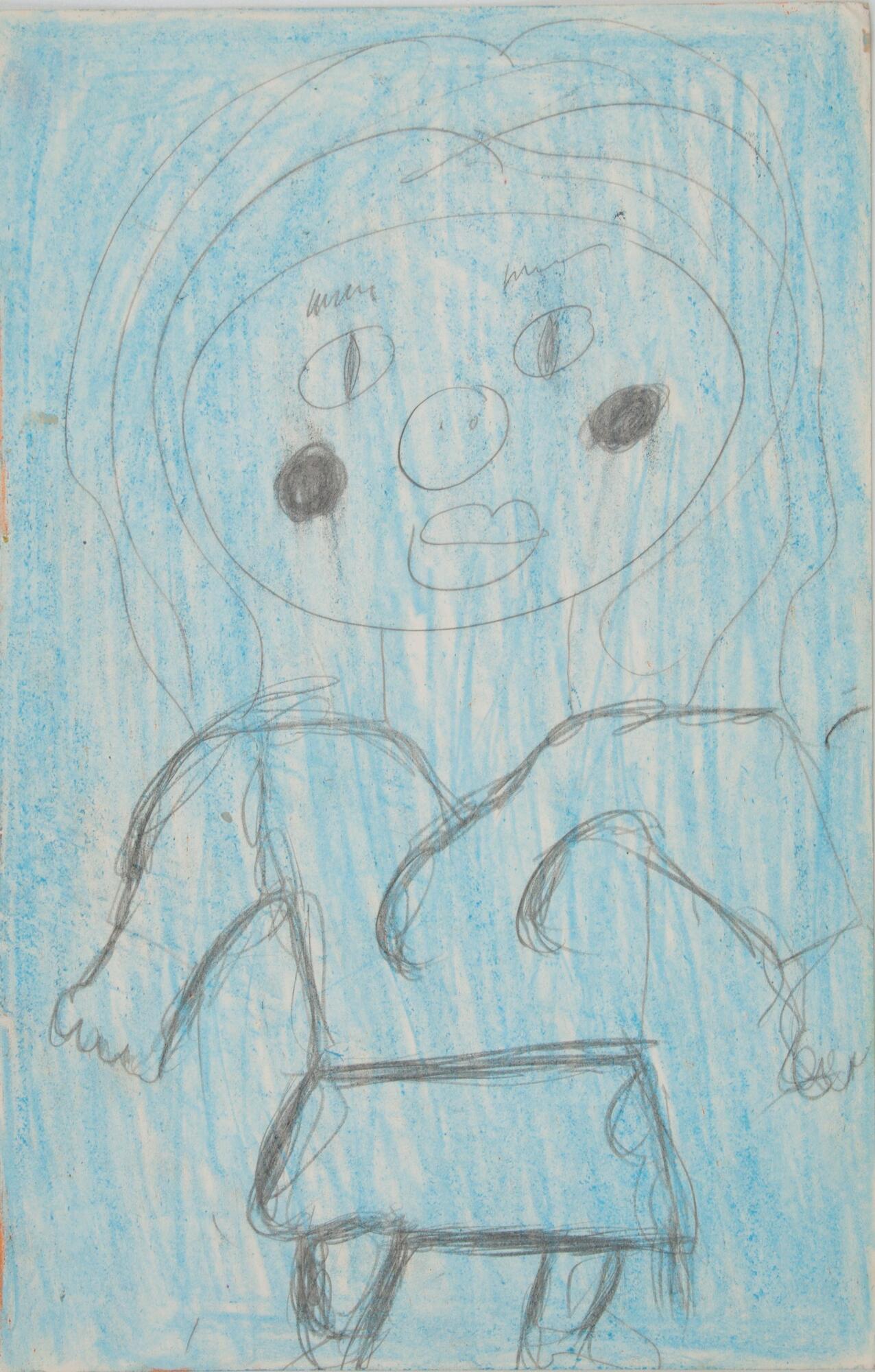 At the center of the drawing is a woman, drawn in pencil. There is an orange edge on the left side, with light blue crayon colored overall. The woman has dark circles for cheeks, in pencil, and is wearing a shirt and skirt. Created on reused paper, the paper is glossy on the back and matte on the front.