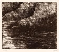 Lithograph of a landscape with water at the foreground, trees at the water's edge, and mountains rising in the background. Signed (l.r.) "Moore" and numbered (l.l.) "53/150" in pencil.