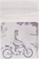 This monochromatic photolithograph has a large image on the lower portion of the page and text at the top. Below, the scene has a satyr writing a motorcycle at the center. He is chasing a nude woman off, who runs off the right side of the image. Above, the text reads, "HOW TO SPEND TIME IN HOLLYWOOD / ADD HOLYWOOD IDOCY: STUDIOS DOCK A 522 _ A _ WEEK WORKER WHO IS ILL, YET PAY AN AUTHOR $18,000 TO SIT AROUND AND KNIT A SCARF", etc.