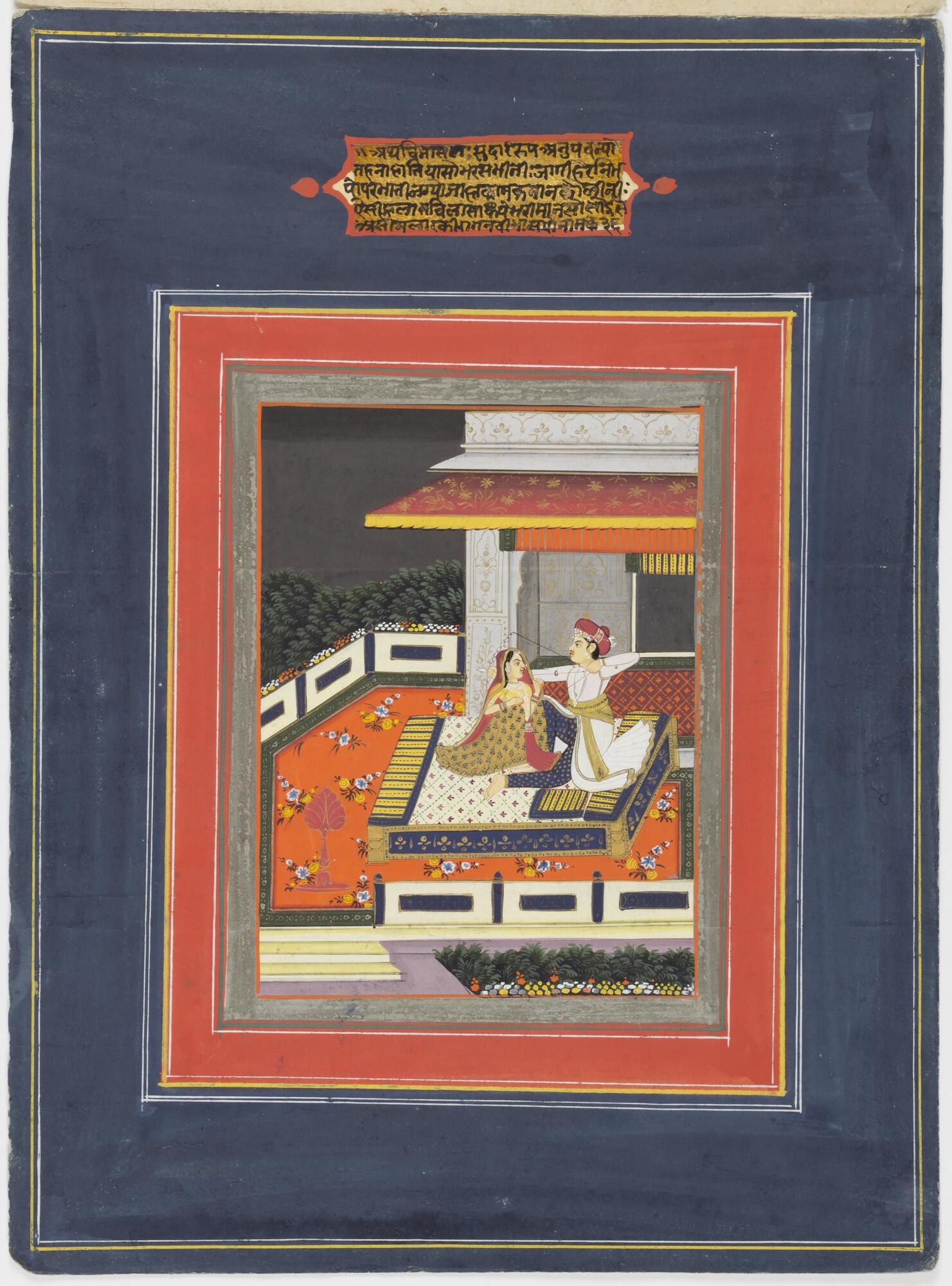 One male and one female figure are seated on a low-rise bed, in an open terrace. The male draws his bow. A pavilion is represented in the background. It is nighttime. A short verse is painted above the depicted scene. The colors are bright.