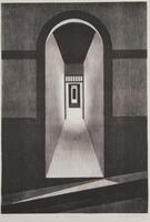 A black and white lithograph print of a long arched tunnel.  Down the archway are two more entryways, projecting light from within out to the first archway, where the street outside is dark.