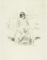 A woman draped in diaphanous drapery sits on a couch facing the viewer. The arm of the couch is visible at the left of the image and the woman glances down towards her knees. To the right is a flower-like form that is the artist's "butterfly" signature.