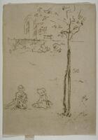 Two figures sit on the ground next to a young tree that stands supported by a stake. The figure on the left is a young woman wearing a straw hat and possibly knitting.  The figure to the right is a toddler, who dons a bonnet.  The tree's foliage fills the image at the upper right. A fence in the upper part of the image separates the two figures from buildings in the distance, seen through the tree's branches. Presumably they are in an area adjacent to a residential neighborhood.