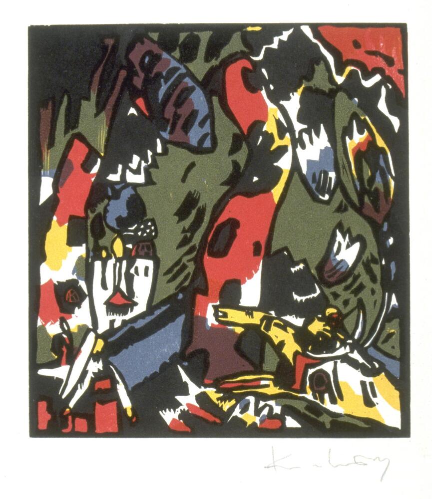 This woodcut print of an abstracted landscape is done in green, red, yellow, blue, and black. An architectural form appears on the left and an archer on horseback appears in the lower right corner.  