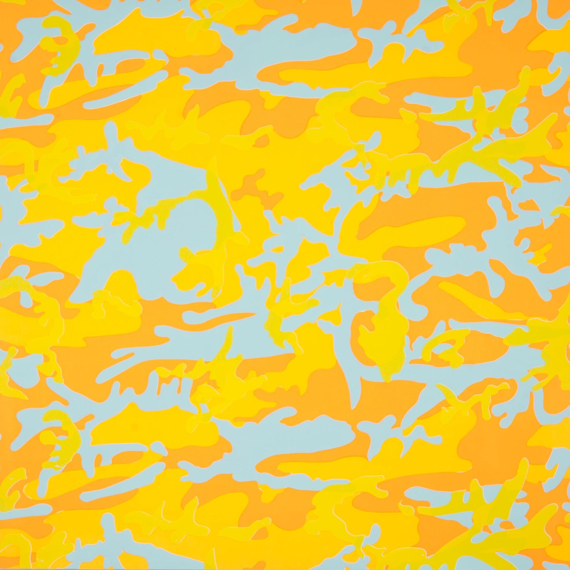 Overall camoflage pattern in bright vibrant florescent tones of blue, orange, yellow and green.