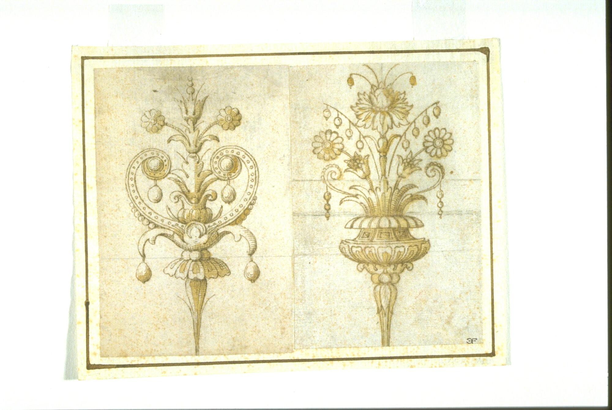 Two vertical designs dominate the drawing. Natural forms such as vines and other vegetal forms create designs that are symmetrical and organized around a central vertical axis.