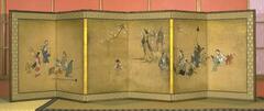 6-fold screen decorated with ink, color and gold pigment on paper. This screen is a part of a pair. It's partner depicts a lion dance.