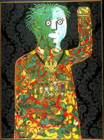 This collage depicts the torso and head of a figure consuming the majority of the composition. The left, handless, arm is raised up at a 90 degree angle in salute. The skin and hair is green, eyes are large white circles with small pupils, and the mouth is a white oval. The black and grey background has a pattern of elaborate floral wallpaper and the figures clothing, resembling a military uniform, is made of colorful splotches with a row of medals across the chest.&nbsp;