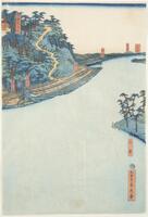 Japanese hanging scroll depicting the mountain and river view.