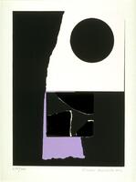 This print is an abstract composition in black, white and lavender. In the upper right, there is a black circle on a white background shape. The left and lower portions are made up of black shapes. At the lower center, a lavendar rectangular form is also included, overlapped by a black shape that is slightly broken up by thin white lines. The print is numbered (l.l.) "275/300" and signed (l.r.) "Louise Nevelson" in pencil.