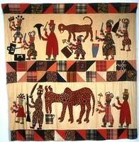 A square appliqué cloth with two narrative registers separated by two rows of squares, each bisected with solid and factory printed plaid cloth; the top and bottom border are a similar checked motif. Red, black and white predominate. The top narrative panel has a stylized leopard and six human figures in festive dress, playing musical instruments. Lower panel shows four figures in festive dress, and an ox feeding from a bucket. All the images and figures are appliquéd.