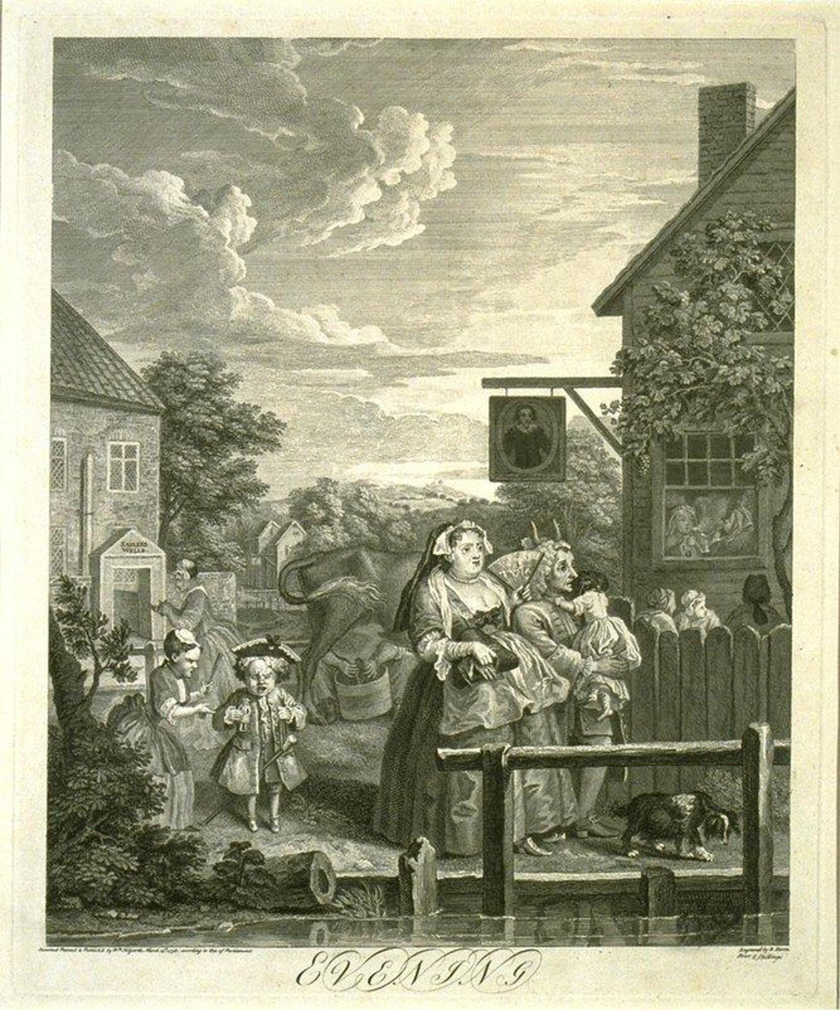 This print is vertically oriented with gray markings.  A cream border surrounds it and it has “EVENING” written below it.  The lower half of the print has a pastoral scene with several adults and children by a stream at the bottom of the print.  Behind them, someone milks a cow.  The upper half shows the tops of buildings and rolling hills.  A sunset is taking place with dramatic clouds.<br />