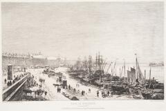 This black and white etching depicts a winter scene along a harbor. A line of many boats with high masts separates the water from the land at a diagonal from the lower right corner up to the center of the horizon line. On the left side of the horizon line there is a row of tall buildings. On the left and center in the mid-ground are crowds of figures and horse-drawn carriages along the snowy shore. The upper two-thirds of the composition are devoted to the lightly crosshatched sky. <br />