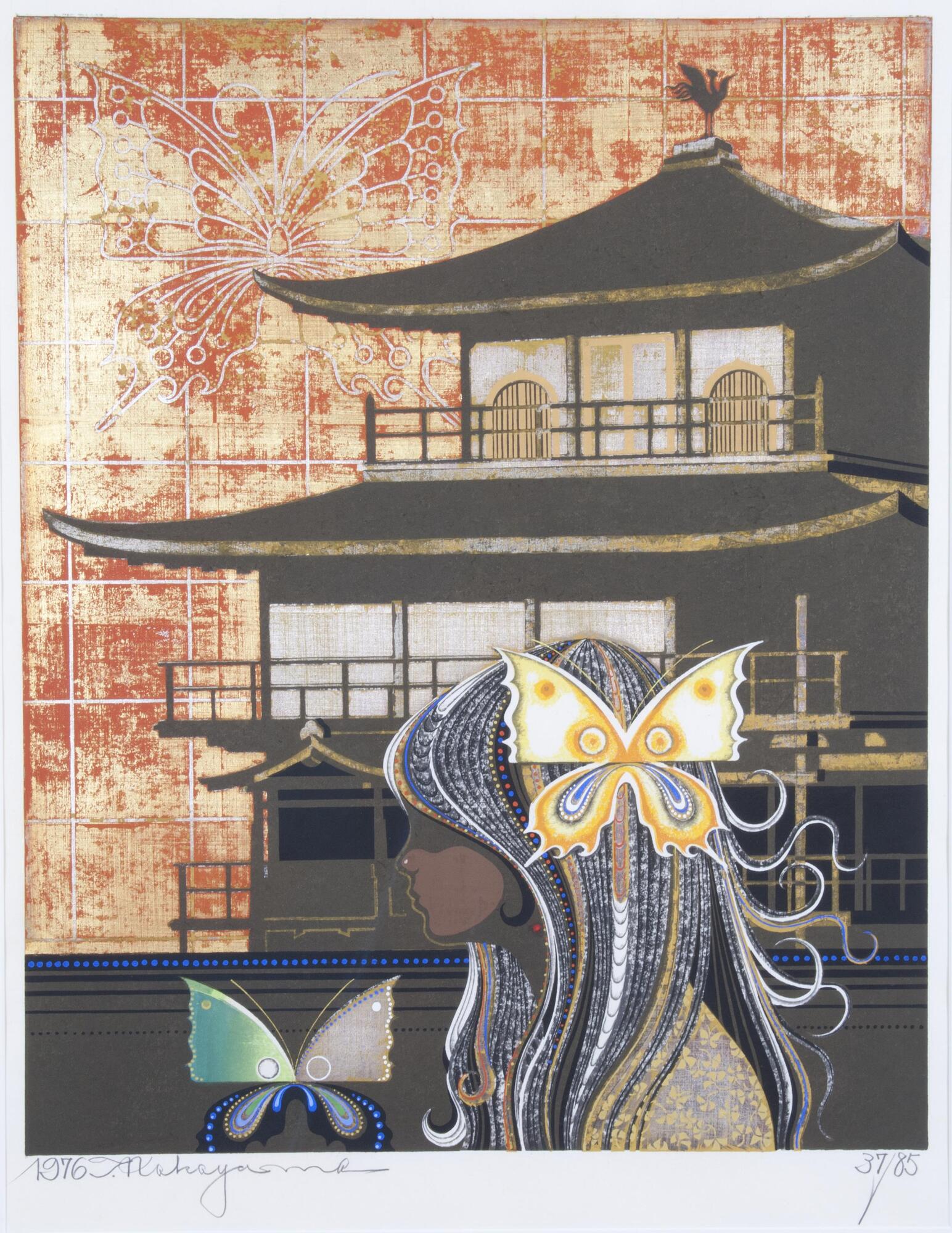 A girl with her head and body in profile, her black hair is highlighted with white, brown, and blue strands, and red and blue dots. There is a white, yellow, and blue butterfly in her hair, and another green, blue, gray and black butterfly in front of her. Behind her is the golden pavilion. The background is a faded red-orange and there is an outline of a butterfly.