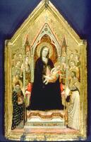The majestic figure of the Virgin with the infant Christ on her lap sits enthroned in the center of this painted panel. Her elaborate throne rests upon a dais and is enclosed on three sides by panels bristling with Gothic ornament. Two bishop saints holding croziers stand at the foot of the dais accompanied by two other saints who stand behind them, while fourteen angels crowd the background.