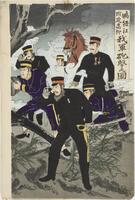 Right panel of a triptych. There are four soldiers, one of whom is firing an automatic weapon. They are standing among trees with a brown horse in the background. On the left of the panel is Japanese text.