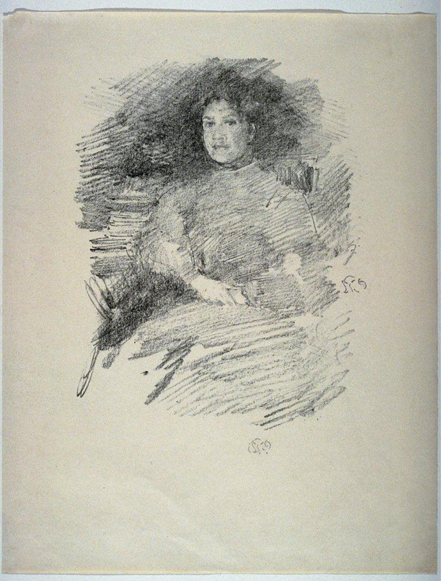 A woman seated in an armchair, facing towards the left, looks at the viewer. The background is dark but otherwise undescribed.