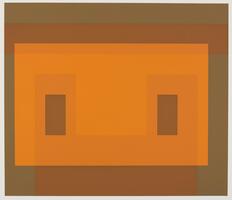This work shows a geometric, abstract composition comprised of overlapping rectangles in various shades of orange and brown, with a large, bright orange rectangle in the center and a brown border.