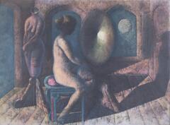 A nude woman sits on a stool looking at a large oval mirror. Her face is in shadows and turned away. A mannequin is set up behind and to the left of the woman.