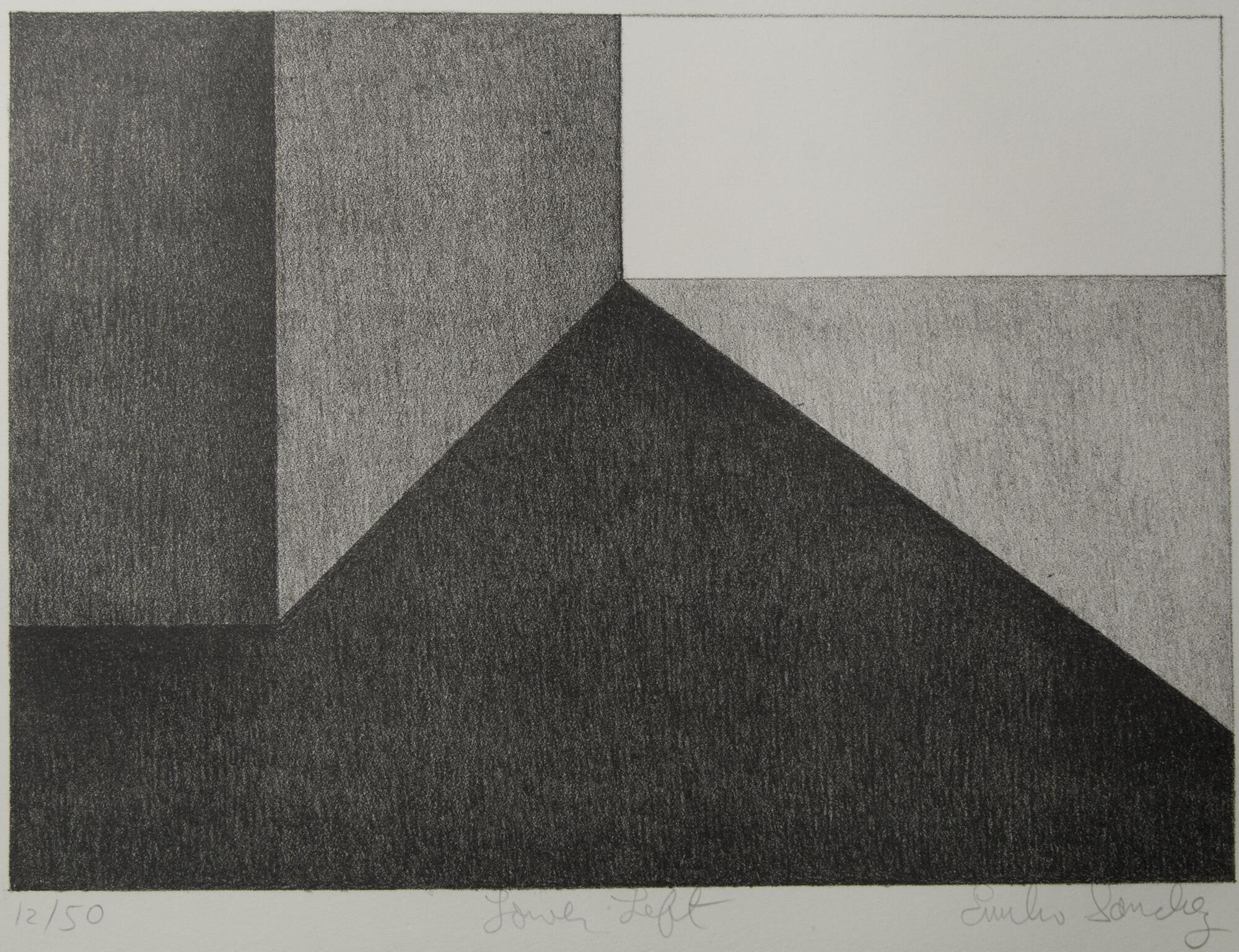 A black and white print of the lower portions of three walls.  Most of the floor is covered in shadow.