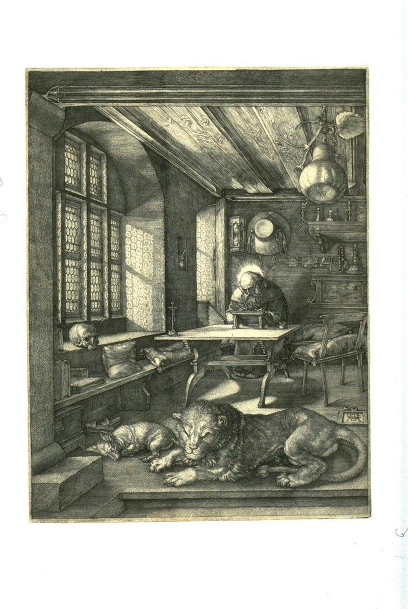 This engraving depicts a comfortable domestic interior. An old bearded man sits poring over a book at table in the back of the room. A lion and dog rest on the floor in the foreground. Various other objects appear around the room, including a skull, books, slippers, a crucifix, and a pair of scissors.