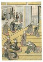 A print of 15 women inside a building dressed in various kimono with the predominant colors being grey, red, black, and green. Some of the kimono also have orange coloring. The patterns and designs on the kimono vary from images of flowers to geometric designs. One male is kneeling towards the back and another man can be seen in the background leaving the room. Two women to the very back and left of the image appear to be adjusting their makeup.  Three women to the front sit around a tea set (partially visable) and two women to their right are whispering to each other.