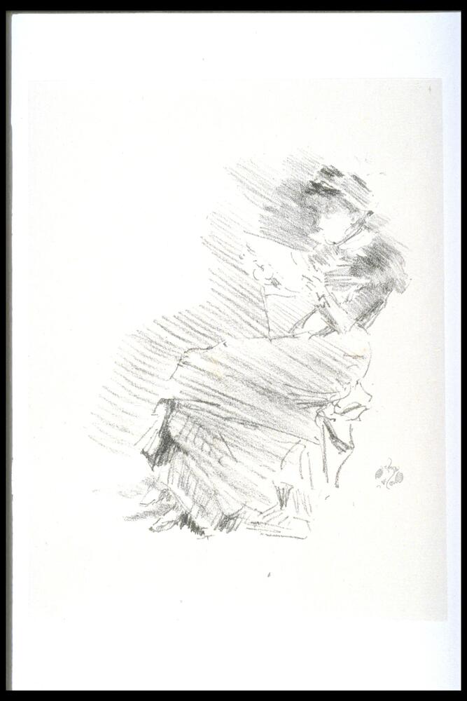 A seated woman in a long dress and hat sits in profie reading. Her body is positioned looking towards the left. Behind the figure is broad diagonal hatching lines that create a sense of space while leaving the specific setting undescribed. At the lower right is a &quot;butterfly&quot; signature of the artist.