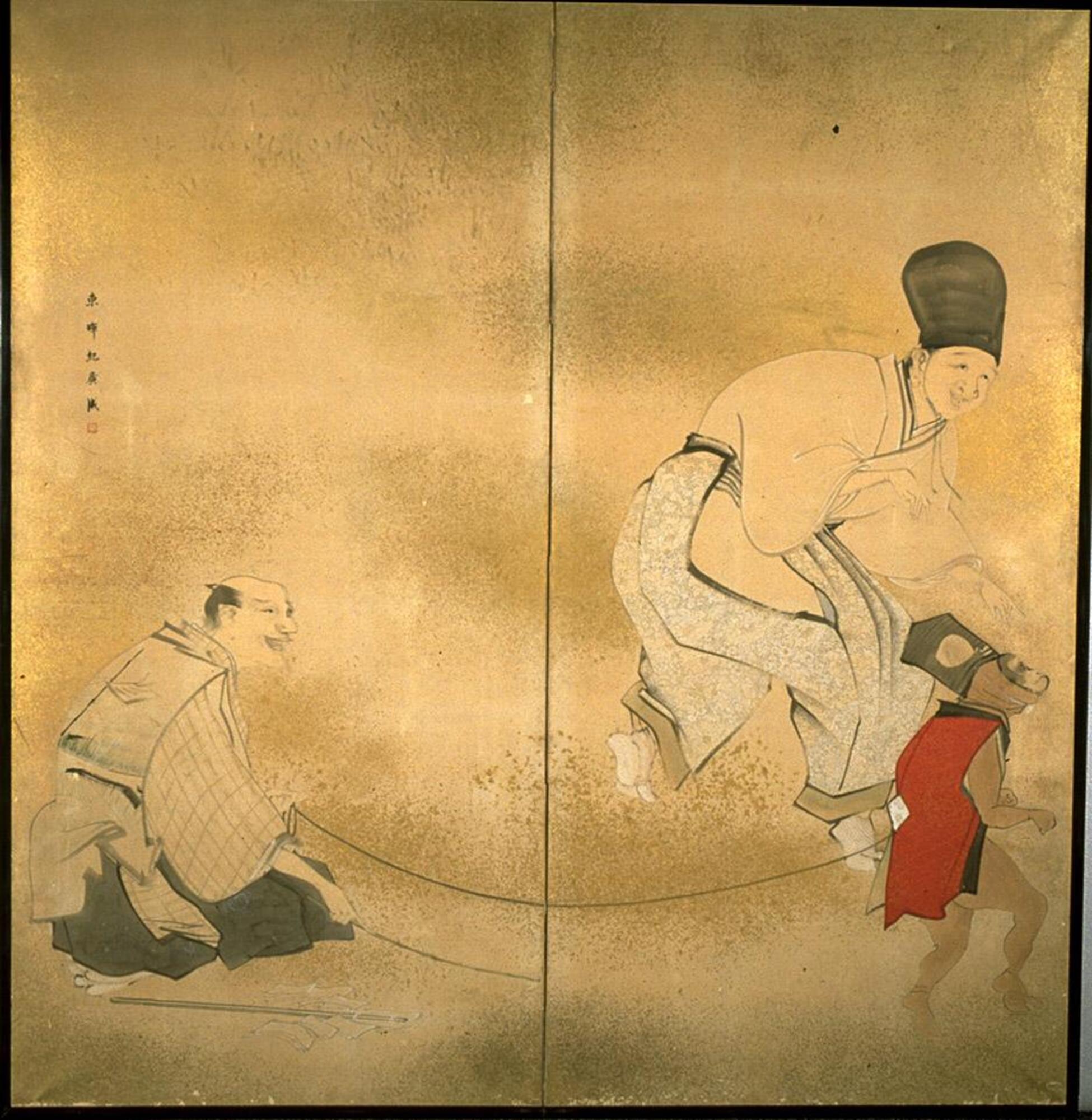 This is a painting on a 2-fold screen with gold dust. The subject is two human figures and a monkey. The background is covered in gold dust. On the leftmost panel is one figure and above him to the left is an inscription, the author&#39;s name. Following the writing is a small red seal. The figure is sitting down and smiling towards the right holding a string. On the right panel is the monkey and a person behind it. The monkey is wearing human-like clothes and stands on its hind legs. The person behind it follows and laughs. Although this man is wearing a hat, he is wearing white clothes similar to the man behind him on the other panel. The monkey wears red and a hat.&nbsp;&nbsp;