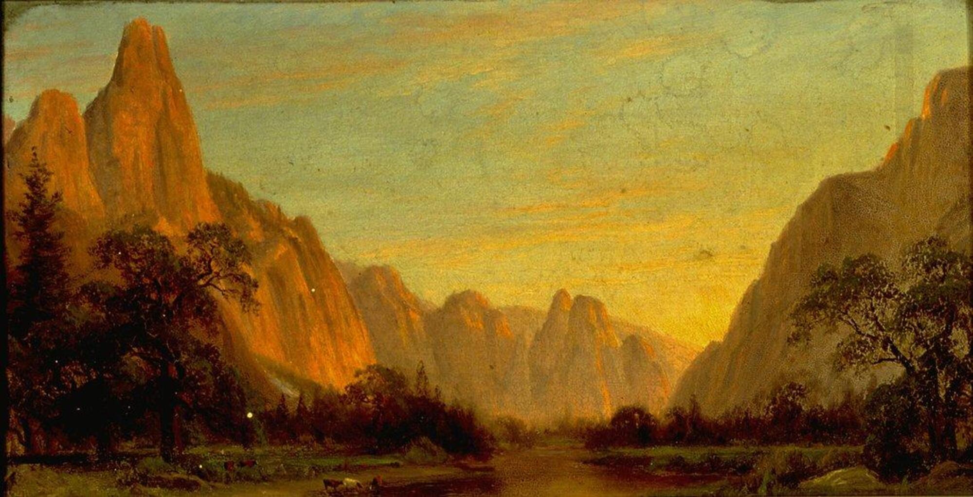 Landscape painting, despicts a valley surrounded by steeply inclined mountains. The foreground is occupied by trees, cows, and still water. Light emanates from lower-right end of the valley, illuminating the left-most rock face. (Larson 2/5/18)