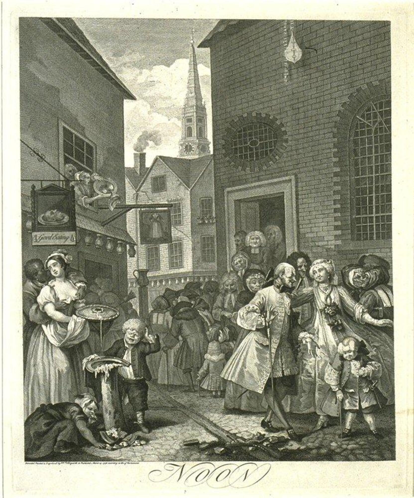 This print is vertically oriented with gray markings.  A cream border surrounds it and it has “NOON” written below it.  The lower half of the print has a busy street scene with lots of adults and children in 18th century garb.  The upper half shows the top of the buildings that line the street, including a shop, a brick building, and a church steeple in the distance.<br />