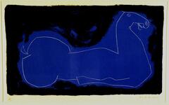 This colored lithograph has a large, bright blue shape at the center, completely surrounded by black. Within the blue shape, there is a white design of a horse laying down. The print is signed in red crayon (l.r.) "MARINO" and numbered in red crayon (l.l.) "38/50".