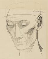 This drawing shows the head of a man. Sketched lines with shading around cheeks and eyes, which are closed, create the visage.  A faintly visible hat is sketched on the head. The drawing is signed (u.r.) "Anton Refregier." It may also say "San Francisco" although the handwriting is not clear.
