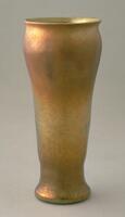 irridescent gold and yellow cylindrical vessel with wide mouth, slightly flared lip narrowing at base
